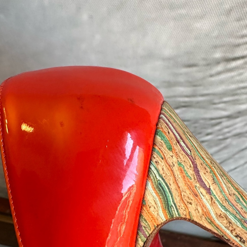 🌺CHRISTIAN LOUBOUTIN 👠 Banane 140 Patent Cork Trinidad Pumps size 35.5 - Picture 13 of 17